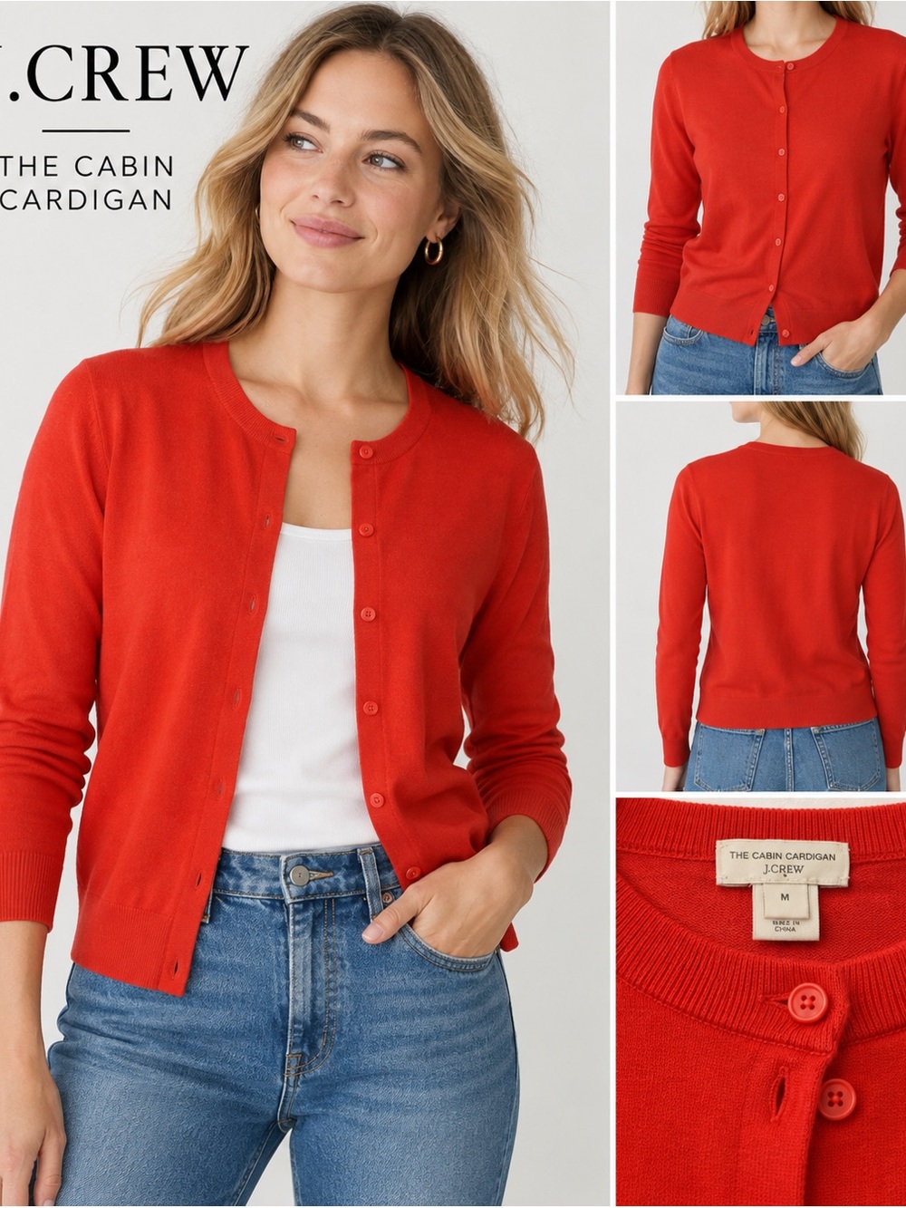 J.Crew The Cabin Cardigan Red 100% Cotton Sweater Size M
